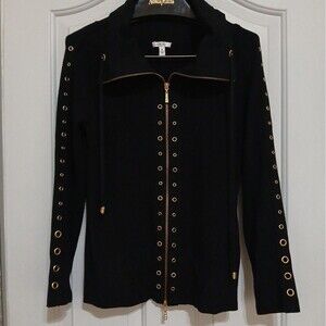 Cache Full Zip Gold Rhinestone Embellished 2 Way Zip Sweater  S Money Boutique
